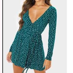 Emerald green polka dot wrap long sleeve dress
